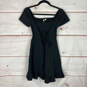 Romwe Dress Womens 4 Black Lace Up Fit And Flare Mini Cap Sleeve Smocked Solid